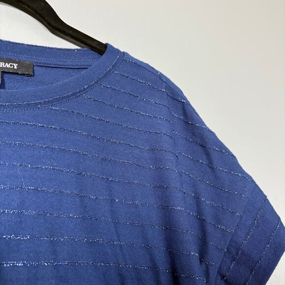 Ellen Tracy Women's Blue Metallic Stripe Boxy Top - Size Large - Minimalist Glam - Picture 2 of 6